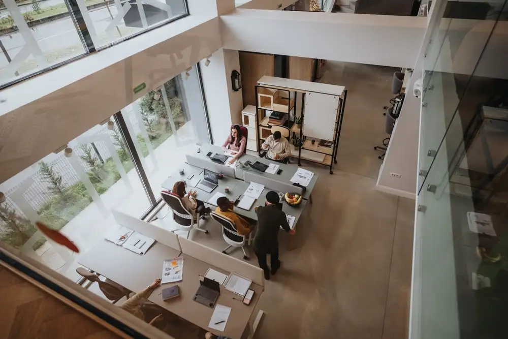 People in the office, view from upstairs
